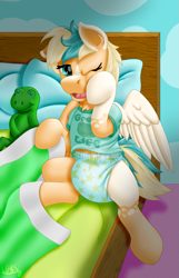 Size: 825x1280 | Tagged: safe, artist:wittleskaj, imported from derpibooru, oc, oc only, oc:sun light, frog, pegasus, pony, bed, clothes, cute, diaper, female, filly, foal, morning, pegasus oc, plushie, pullup (diaper), shirt, sleepy, wings, yawn