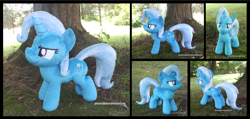 Size: 3697x1754 | Tagged: safe, artist:peruserofpieces, imported from derpibooru, trixie, pony, unicorn, female, horn, irl, mare, narrowed eyes, photo, plushie, smug, solo, tree