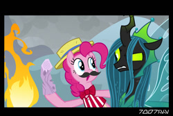 Size: 1288x858 | Tagged: safe, edit, edited screencap, editor:teren rogriss, imported from derpibooru, screencap, mean twilight sparkle, pinkie pie, queen chrysalis, changeling, changeling queen, earth pony, pony, frenemies (episode), the ending of the end, fake moustache, female, fire, log, twilog, ultimate chrysalis, wood