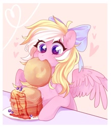 Size: 1354x1536 | Tagged: safe, artist:whiteliar, imported from derpibooru, oc, oc only, oc:bay breeze, pegasus, blushing, bow, chest fluff, cute, ear fluff, female, food, hair bow, mare, nom, ocbetes, pancakes, simple background, weapons-grade cute