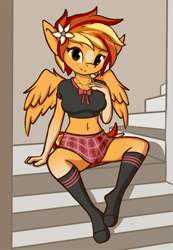 Size: 829x1200 | Tagged: safe, artist:karat3l, imported from derpibooru, part of a set, oc, oc only, oc:serenity, anthro, pegasus, unguligrade anthro, belly button, clothes, commission, cute, female, looking at you, midriff, miniskirt, plaid skirt, short shirt, sitting, skirt, smiling, socks, solo, stairs