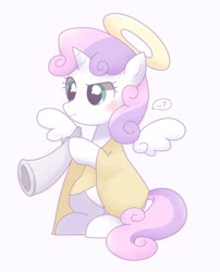 Size: 1654x2048 | Tagged: dead source, safe, artist:arrow__root, artist:ginmaruxx, imported from derpibooru, sweetie belle, pony, unicorn, ..., angel, angelic wings, blanket, blowing horn, blushing, clothes, confused, costume, cute, diasweetes, female, filly, floating wings, halo, hoof hold, horn, musical instrument, outfit, question mark, simple background, solo, speech bubble, squint, technically alicorn, thought bubble, white background, wings