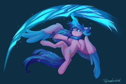 Size: 3444x2298 | Tagged: safe, artist:neonishe, imported from derpibooru, oc, oc only, oc:neon star, alicorn, pony, alicorn oc, colored wings, colored wingtips, female, flying, glowing horn, horn, magic, simple background, solo