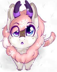 Size: 934x1165 | Tagged: safe, artist:dreamy, artist:lionbun, artist:littledreamycat, imported from derpibooru, oc, oc only, oc:blossom, kirin, chibi, cute, female, kirin oc, looking up, open mouth, patreon, patreon reward, sketch, snow, snowfall, snowflake, solo