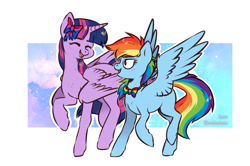 Size: 1200x798 | Tagged: safe, artist:beantoebean, artist:spetu, imported from derpibooru, rainbow dash, twilight sparkle, alicorn, pegasus, pony, bi twi, bisexual pride flag, bow, bowtie, eyes closed, female, gay pride flag, hair bow, lesbian, mare, missing cutie mark, pride, pride flag, shipping, simple background, smiling, twidash, twilight sparkle (alicorn)