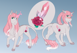 Size: 2935x2016 | Tagged: safe, artist:askbubblelee, imported from derpibooru, oc, oc only, oc:rosie quartz, pony, unicorn, blushing, curved horn, digital art, dorsal stripe, female, glowing horn, gradient background, horn, leonine tail, mare, reference sheet, solo