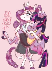 Size: 1920x2605 | Tagged: safe, artist:laps-sp, imported from derpibooru, rarity, twilight sparkle, alicorn, anthro, unguligrade anthro, bracelet, bridal carry, carrying, clothes, female, horn, horn ring, jewelry, lesbian, necklace, pink background, rarilight, shipping, shirt, signature, simple background, skirt, twilight sparkle (alicorn)