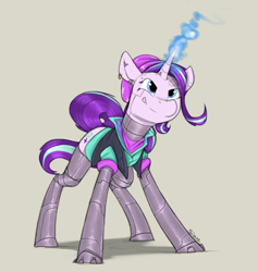 Size: 900x950 | Tagged: safe, artist:sinrar, imported from derpibooru, starlight glimmer, cyborg, pony, unicorn, amputee, beanie, clothes, cyberpunk, ear piercing, earring, equestria girls outfit, female, hat, jewelry, magic, mare, piercing, prosthetic limb, prosthetics, quadruple amputee, simple background, sketch, tan background, vest