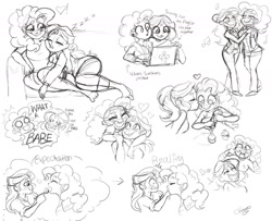 Size: 1280x1040 | Tagged: safe, artist:wimsie, imported from derpibooru, pinkie pie, sunset shimmer, equestria girls, computer, couch, cuddling, cupcake, dancing, expectation vs reality, female, food, laptop computer, lesbian, monochrome, shipping, sketch, sunsetpie