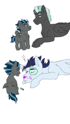 Size: 720x1280 | Tagged: safe, artist:xsugarxwolfiex, imported from derpibooru, soarin', thunderlane, oc, oc:whirlwind, pegasus, pony, chest fluff, crayon, drawing, eyes closed, face doodle, female, filly, gay, magical gay spawn, male, mouth hold, offspring, parent:soarin', parent:thunderlane, parents:soarilane, shipping, simple background, sleeping, soarilane, stallion, white background, wing fluff
