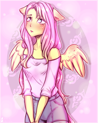 Size: 2000x2500 | Tagged: safe, artist:zefirka, imported from derpibooru, fluttershy, human, blushing, clothes, cute, eared humanization, female, humanized, shyabetes, solo, winged humanization, wings