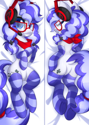 Size: 3000x4218 | Tagged: safe, artist:scarlet-spectrum, imported from derpibooru, oc, oc only, oc:cinnabyte, earth pony, pony, bandana, bed room eyes, body pillow, clothes, female, gaming headset, glasses, headset, mare, pigtails, smiling, socks, solo, striped socks