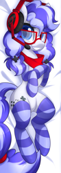 Size: 1498x4218 | Tagged: safe, alternate version, artist:scarlet-spectrum, imported from derpibooru, oc, oc only, oc:cinnabyte, pony, bandana, body pillow, clothes, gaming headset, glasses, headset, smiling, socks, solo, striped socks