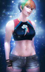 Size: 1956x3067 | Tagged: safe, artist:thejasminator, imported from derpibooru, rainbow dash, human, abs, belly button, clothes, denim shorts, female, fingerless gloves, gloves, humanized, midriff, sexy, short hair, shorts, solo, sports bra, thighs, tomboy