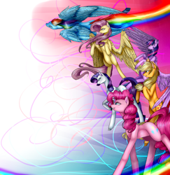 Size: 2414x2484 | Tagged: safe, artist:midfire, imported from derpibooru, applejack, fluttershy, pinkie pie, rainbow dash, rarity, twilight sparkle, alicorn, earth pony, pegasus, pony, unicorn, female, flying, hooves, mane six, mare, rainbow trail, spread wings, twilight sparkle (alicorn), wings