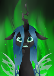 Size: 2500x3500 | Tagged: safe, alternate version, artist:katyusha, imported from derpibooru, queen chrysalis, changeling, changeling queen, cute, cutealis, female, flame background, green background, sharp teeth, simple background, solo, teeth, wide smile
