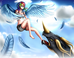 Size: 2768x2167 | Tagged: safe, artist:germanspeeddrawing, imported from derpibooru, rainbow dash, dragon, human, clothes, cloud, feather, fight, flying, humanized, shorts, sky, spread wings, sun, teeth, winged humanization, wings