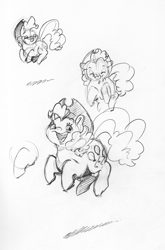 Size: 1959x2965 | Tagged: safe, artist:dilarus, deleted from derpibooru, imported from derpibooru, pinkie pie, earth pony, pony, accessory theft, applejack's hat, chubby, cowboy hat, cute, diapinkes, female, floppy ears, hat, mare, monochrome, open mouth, pronking, raspberry, shading, simple background, solo, tongue out, traditional art, white background