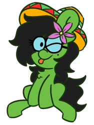 Size: 750x1000 | Tagged: safe, artist:threetwotwo32232, imported from derpibooru, oc, oc only, oc:prickly pears, :p, flower, flower in hair, glasses, hat, looking at you, mole, one eye closed, rule 63, sombrero, tongue out, wink