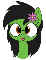 Size: 582x765 | Tagged: safe, artist:wafflecakes, imported from derpibooru, oc, oc only, oc:prickly pears, pony, flower, flower in hair, glasses, looking at you, mole, rule 63, simple background, tongue out, transparent background