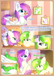 Size: 800x1132 | Tagged: safe, artist:alphadesu, imported from derpibooru, oc, oc only, oc:minty root, oc:snow kicker, pegasus, pony, unicorn, comic:sisterly love, cake, comic, cup, ear fluff, female, floppy ears, food, hooves, horn, lying down, mare, mouth hold, pillow, sitting, spread wings, standing, teacup, wing hands, wings