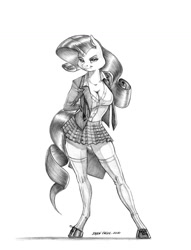 Size: 1055x1382 | Tagged: safe, artist:baron engel, imported from derpibooru, rarity, anthro, unguligrade anthro, unicorn, breasts, cleavage, clothes, colored hooves, female, grayscale, mare, miniskirt, monochrome, pencil drawing, pleated skirt, school uniform, shoes, simple background, skirt, socks, solo, stockings, story included, thigh highs, traditional art, white background, zettai ryouiki
