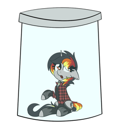Size: 690x750 | Tagged: safe, artist:nevaylin, imported from derpibooru, oc, oc:moonshine, pony, unicorn, choker, clothes, female, flannel, freckles, hockless socks, hoofless socks, horn, implied cum jar, jar, lewd container meme, meme, piercing, pony in a bottle, stockings, thigh highs, unicorn oc, ych result