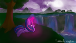 Size: 3840x2160 | Tagged: safe, artist:llamalauncher, imported from derpibooru, twilight sparkle, pony, female, mountain, scenery, solo, tree, water, waterfall