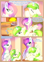 Size: 800x1131 | Tagged: safe, artist:alphadesu, imported from derpibooru, oc, oc only, oc:minty root, oc:snow kicker, pegasus, pony, unicorn, comic:sisterly love, amputee, blushing, cake, chest fluff, comic, cup, ear fluff, eyes closed, female, floppy ears, food, glowing horn, hooves, horn, levitation, lying down, magic, mare, open mouth, pillow, sitting, smiling, spread wings, standing, teacup, telekinesis, wing hands, wings