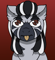 Size: 2500x2750 | Tagged: safe, artist:devorierdeos, imported from derpibooru, oc, oc only, oc:zib, zebra, bust, ear fluff, gradient background, high res, hooves, looking at you, male, portrait, simple background, stallion, tongue out