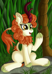 Size: 3504x5000 | Tagged: safe, artist:sethisto, imported from derpibooru, autumn blaze, kirin, autumn blaze's puppet, awwtumn blaze, chest fluff, cute, ear fluff, female, leg fluff, open mouth, sitting, solo, tree, twig