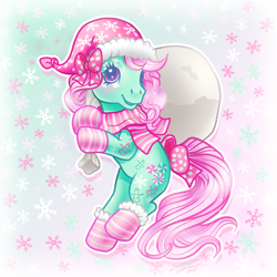 Size: 1000x1000 | Tagged: safe, artist:conphettey, imported from derpibooru, minty, bow, clothes, cute, g3, hair bow, hat, mintabetes, santa sack, scarf, socks, tail bow, winter minty