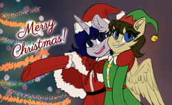 Size: 5894x3607 | Tagged: artist needed, safe, imported from derpibooru, oc, oc only, oc:chance mccoy, oc:moonlit silver, pegasus, unicorn, christmas, clothes, costume, cute, duo, holiday, pegasus oc, santa costume, tree, wings