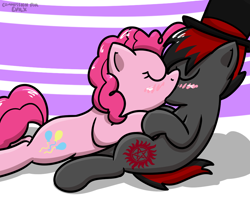 Size: 1000x800 | Tagged: safe, artist:pokefound, deleted from derpibooru, imported from derpibooru, pinkie pie, oc, oc:varan, earth pony, pony, blushing, canon x oc, female, hat, kiss on the lips, kissing, male, mare, red and black mane, red and black oc, straight