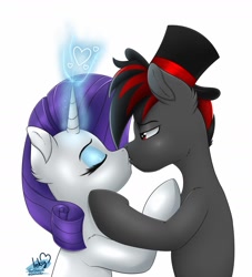 Size: 2000x2200 | Tagged: safe, artist:inkystylus12, imported from derpibooru, rarity, oc, oc:varan, earth pony, pony, unicorn, canon x oc, duo, female, hat, kiss on the lips, kissing, magic, magic aura, male, one eye closed, red and black mane, red and black oc, simple background, straight, white background