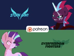 Size: 1600x1200 | Tagged: safe, alternate version, artist:chedx, imported from derpibooru, starlight glimmer, tempest shadow, comic:the storm kingdom, advertisement, alternate design, alternate hairstyle, alternate timeline, alternate universe, comic, crystal of light, everfreedom fighters, fanfic, patreon, patreon logo, paywall content, storm army, wallpaper