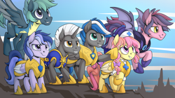 Size: 2560x1440 | Tagged: safe, artist:mysticalpha, imported from derpibooru, oc, oc only, oc:cloud zapper, oc:scope, oc:star catcher, oc:storm surge, oc:topstitch, bat pony, pegasus, pony, armor, bat pony oc, bat wings, female, guardsmare, male, mare, medic, royal guard, royal guard armor, smiling, stallion, wings