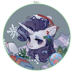 Size: 2008x2008 | Tagged: safe, artist:小huhu狸君呀, imported from derpibooru, rarity, pony, unicorn, christmas, christmas ornament, decoration, female, hat, holiday, looking at you, mare, present, santa hat, snow, snowflake, solo