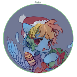 Size: 2008x2008 | Tagged: safe, artist:小huhu狸君呀, imported from derpibooru, rainbow dash, pegasus, pony, christmas, christmas wreath, female, hat, high res, holiday, looking at you, mare, present, rocket, santa hat, solo, wreath