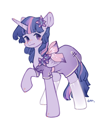 Size: 2480x2900 | Tagged: safe, artist:小huhu狸君呀, imported from derpibooru, twilight sparkle, alicorn, pony, blushing, cheongsam, clothes, dress, female, limited palette, looking at you, mare, simple background, socks, solo, standing, twilight sparkle (alicorn), white background