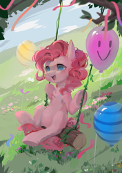 Size: 2479x3508 | Tagged: safe, artist:小huhu狸君呀, imported from derpibooru, pinkie pie, earth pony, pony, balloon, chest fluff, cute, diapinkes, female, mare, open mouth, sitting, smiling, solo, streamers, swing