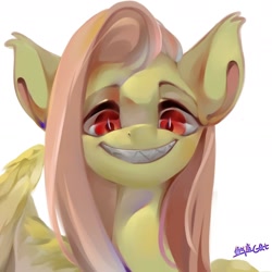 Size: 2008x2008 | Tagged: safe, alternate version, artist:小huhu狸君呀, imported from derpibooru, fluttershy, bat pony, pegasus, pony, bat ponified, blood, creepy, creepy smile, female, flutterbat, grin, looking at you, mare, race swap, shark teeth, sharp teeth, simple background, smiling, solo, teeth, white background