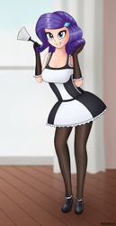 Size: 1202x2322 | Tagged: safe, artist:irisarco, imported from derpibooru, rarity, human, breasts, clothes, curtains, cute, duster, female, french maid, gloves, humanized, looking at you, maid, miniskirt, pantyhose, room, sexy, shoes, skirt, smiling, socks, solo, standing, thigh highs, window