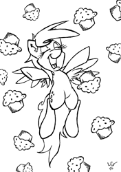 Size: 2280x3240 | Tagged: safe, artist:lucas_gaxiola, imported from derpibooru, derpy hooves, pegasus, pony, eyes closed, female, food, lineart, mare, monochrome, muffin, open mouth, signature, smiling, solo