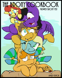 Size: 2550x3200 | Tagged: safe, alternate version, artist:lucas_gaxiola, imported from derpibooru, oc, oc only, oc:charmed clover, oc:chit chat, oc:the brony chef, earth pony, pegasus, pony, colored, earth pony oc, female, male, mare, midwest brony fest, pegasus oc, pony pile, signature, stallion, wings