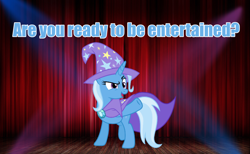 Size: 1920x1186 | Tagged: safe, edit, imported from derpibooru, trixie, pony, unicorn, cape, clothes, cute, entertainment, hat, one hoof raised, raised hoof, spotlight, stage, talking to viewer, trixie is best pony, trixie's cape, trixie's hat