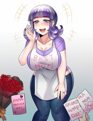 Size: 800x1040 | Tagged: safe, artist:tzc, imported from derpibooru, twilight velvet, human, anime, big breasts, blushing, breasts, busty twilight velvet, cleavage, cutie mark, female, flower, gilf, huge breasts, humanized, implied princess flurry heart, implied shining armor, implied twilight sparkle, milf, mother's day, offscreen character, ring, rose, solo focus