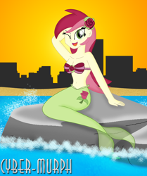 Size: 1564x1868 | Tagged: safe, artist:cyber-murph, imported from derpibooru, roseluck, mermaid, series:cyber-murph's mermaids, equestria girls, arm behind head, belly, belly button, breasts, city, cleavage, cute, flower, flower in hair, mermaidized, midriff, ocean, one eye closed, rock, rose, seashell bra, shell bra, sitting, smiling, species swap, sunset, wink