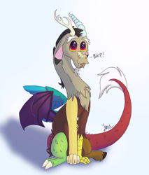 Size: 2000x2350 | Tagged: safe, artist:diamond06mlp, imported from derpibooru, discord, draconequus, :p, chest fluff, cloven hooves, colored hooves, cute, dialogue, discute, floppy ears, innocent, leg fluff, male, neck fluff, puppy dog eyes, shadow, signature, simple background, sitting, smiling, solo, tongue out, unshorn fetlocks, white background