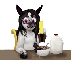 Size: 4000x3379 | Tagged: safe, artist:misstwipietwins, imported from derpibooru, oc, oc only, oc:inkenel, oc:oretha, pony, annoyed, bowl, cereal, cereal box, food, happy, micro, milk, size difference